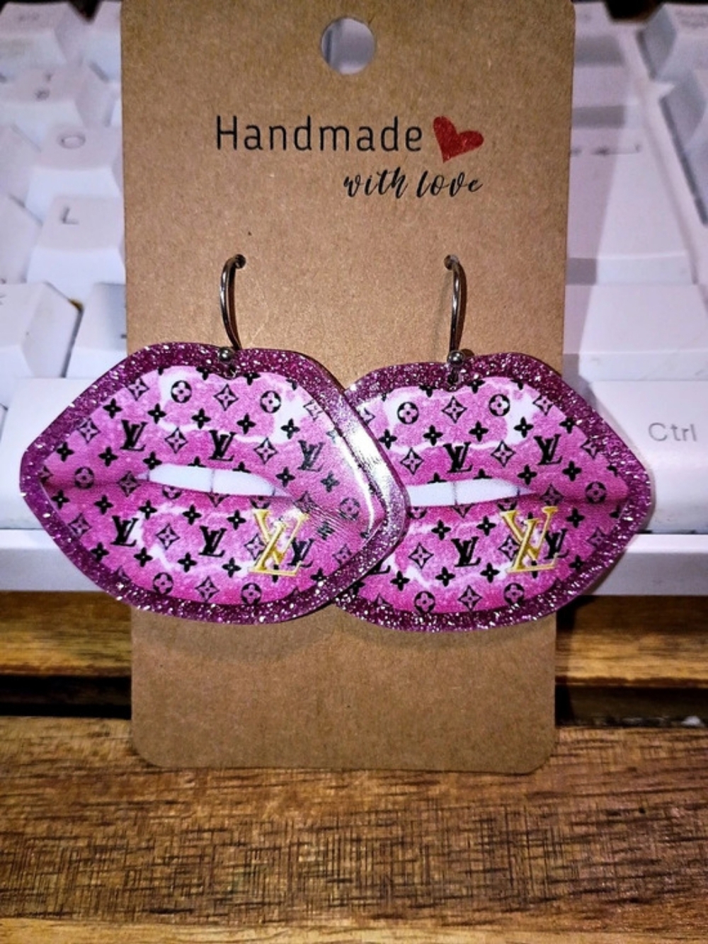 Handmade Designer Inspired Monogram Pink Glitter Lip Fashion Earrings